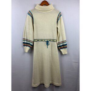 Vintage Cream Knit Dress With Striped Sleeves & Turtleneck